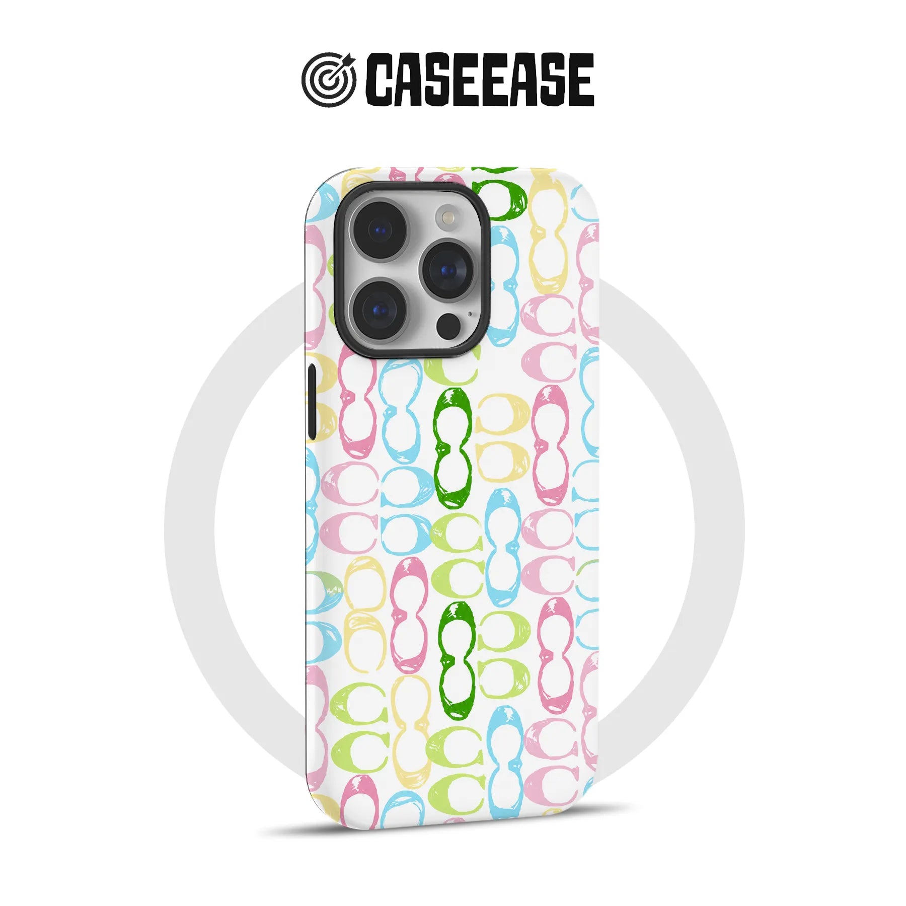 CASEEASE white phone case with colorful sunglasses pattern, rear angle for product page