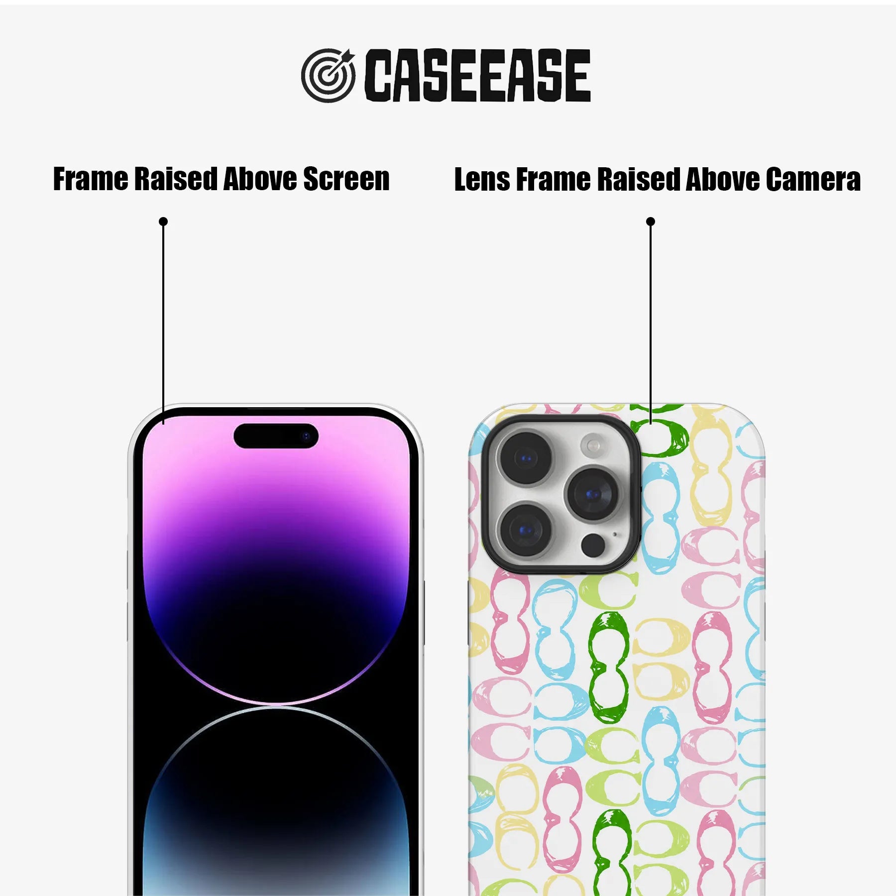 CASEEASE white colorful glasses-pattern phone case close-up showing raised screen and camera frames