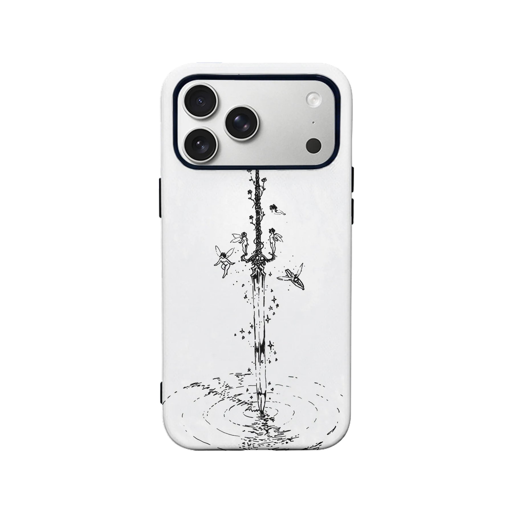 White phone case with black sword and fairy line art, rear product view