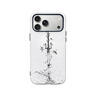 White phone case with black sword and fairy line art, rear product view