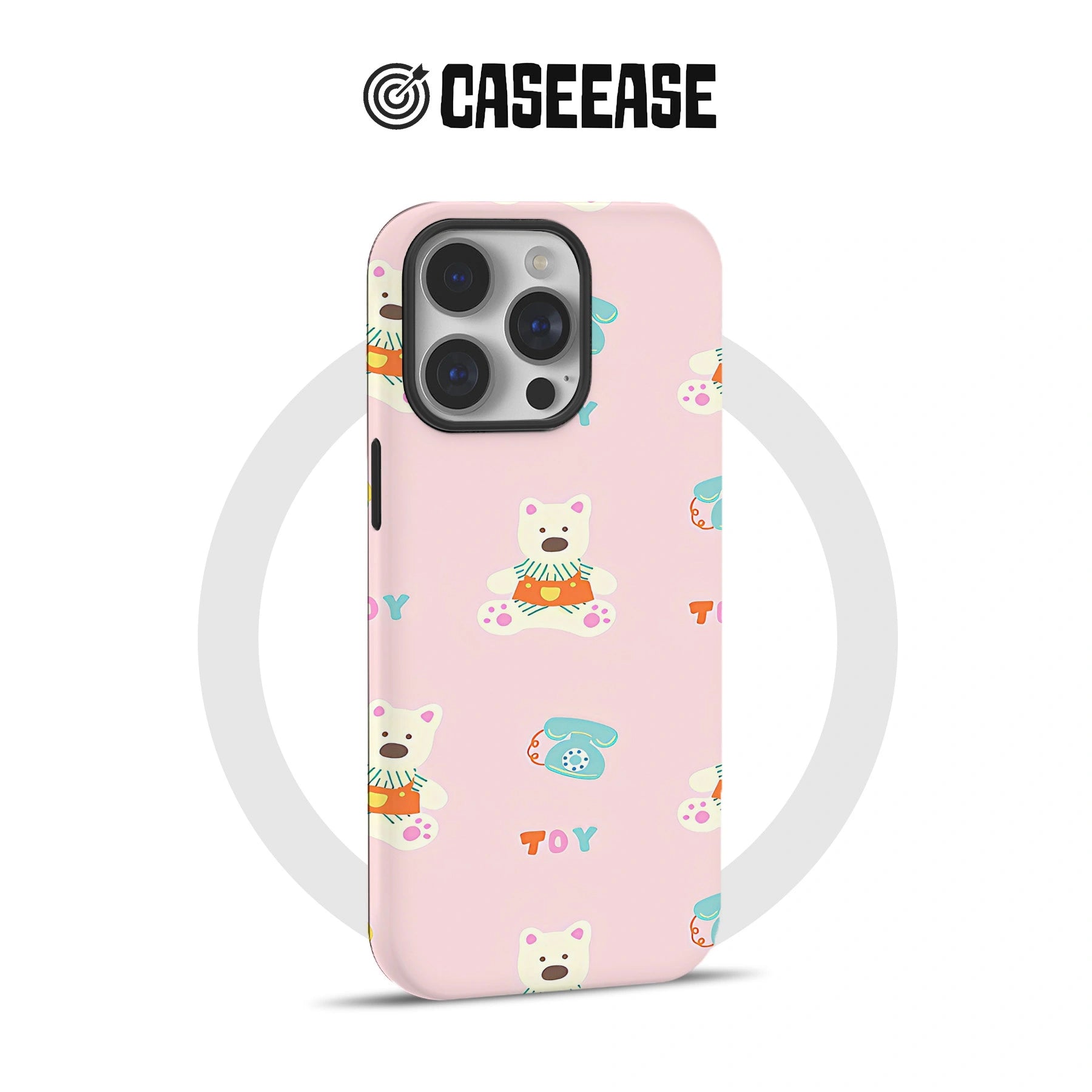 Pink Toy-Themed Phone Case – Adorable Bear and Vintage Toy Design