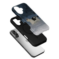 Black phone case with snowy cat design, angled exploded product display