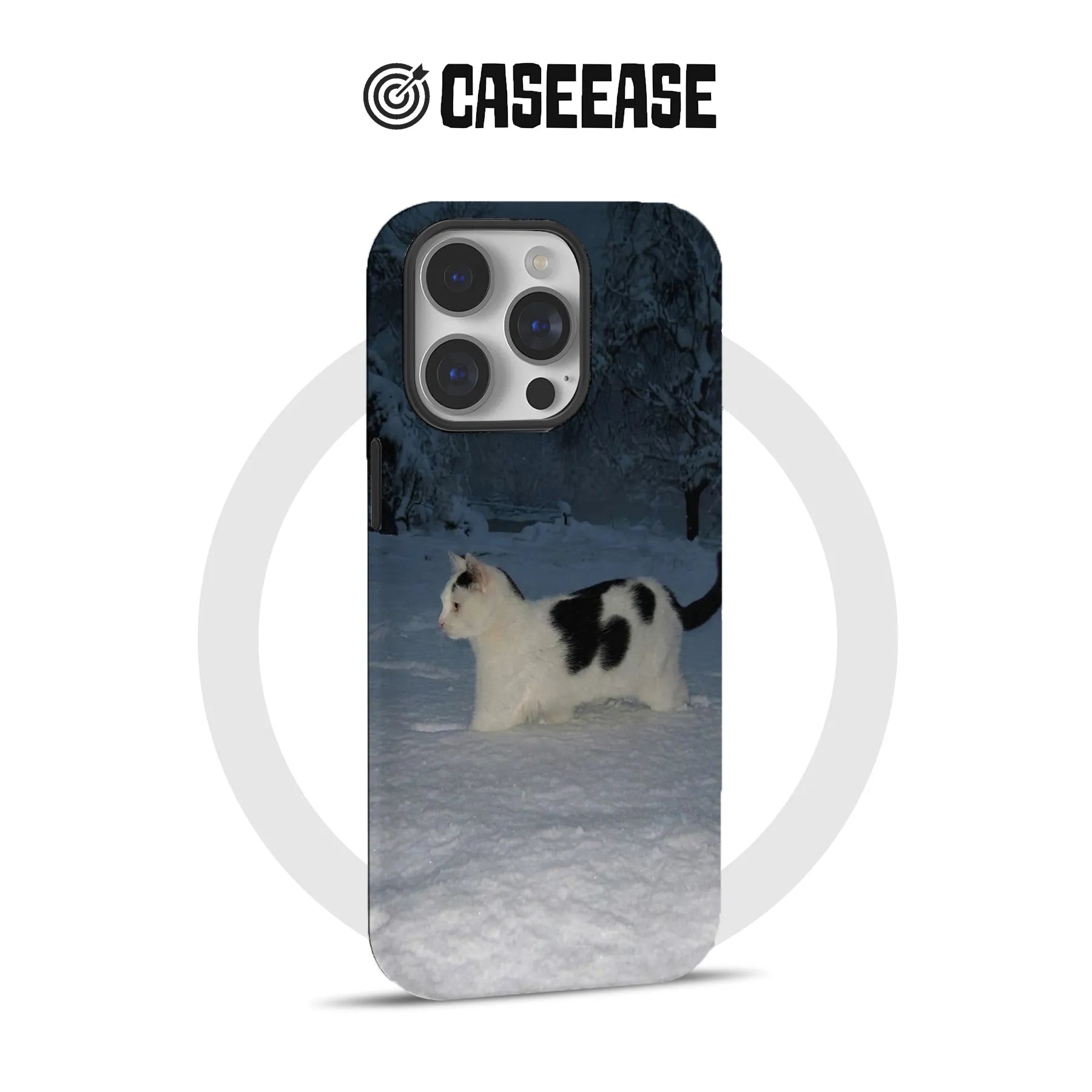 Dark winter cat print phone case shown from rear angle for CASEEASE storefront