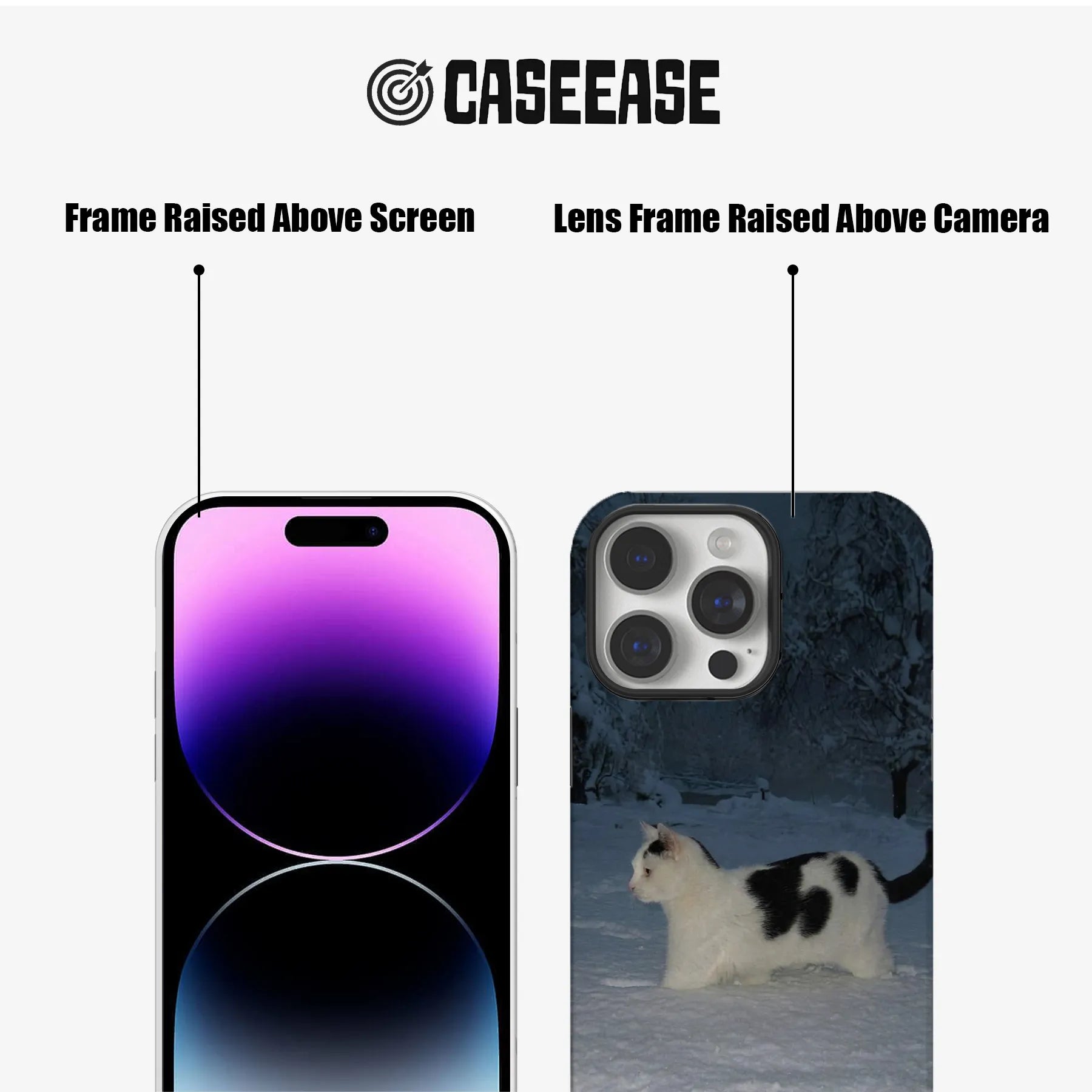 CASEEASE dark snowy cat phone case front and rear angles with raised frames