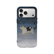 Dark blue phone case with snowy black-and-white cat print, shown from back