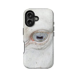 White animal eye print phone case, rear view with black camera cutout