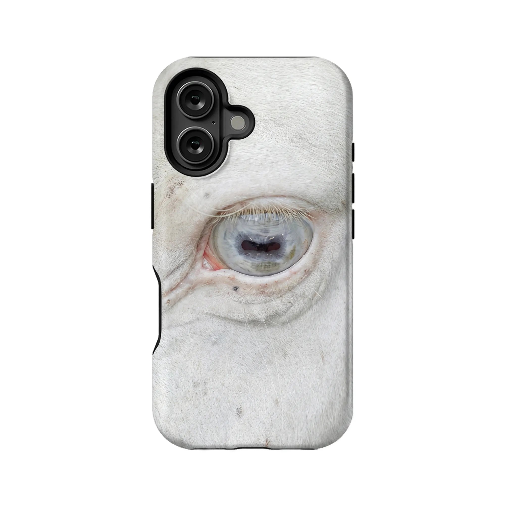 White animal eye print phone case, rear view with black camera cutout