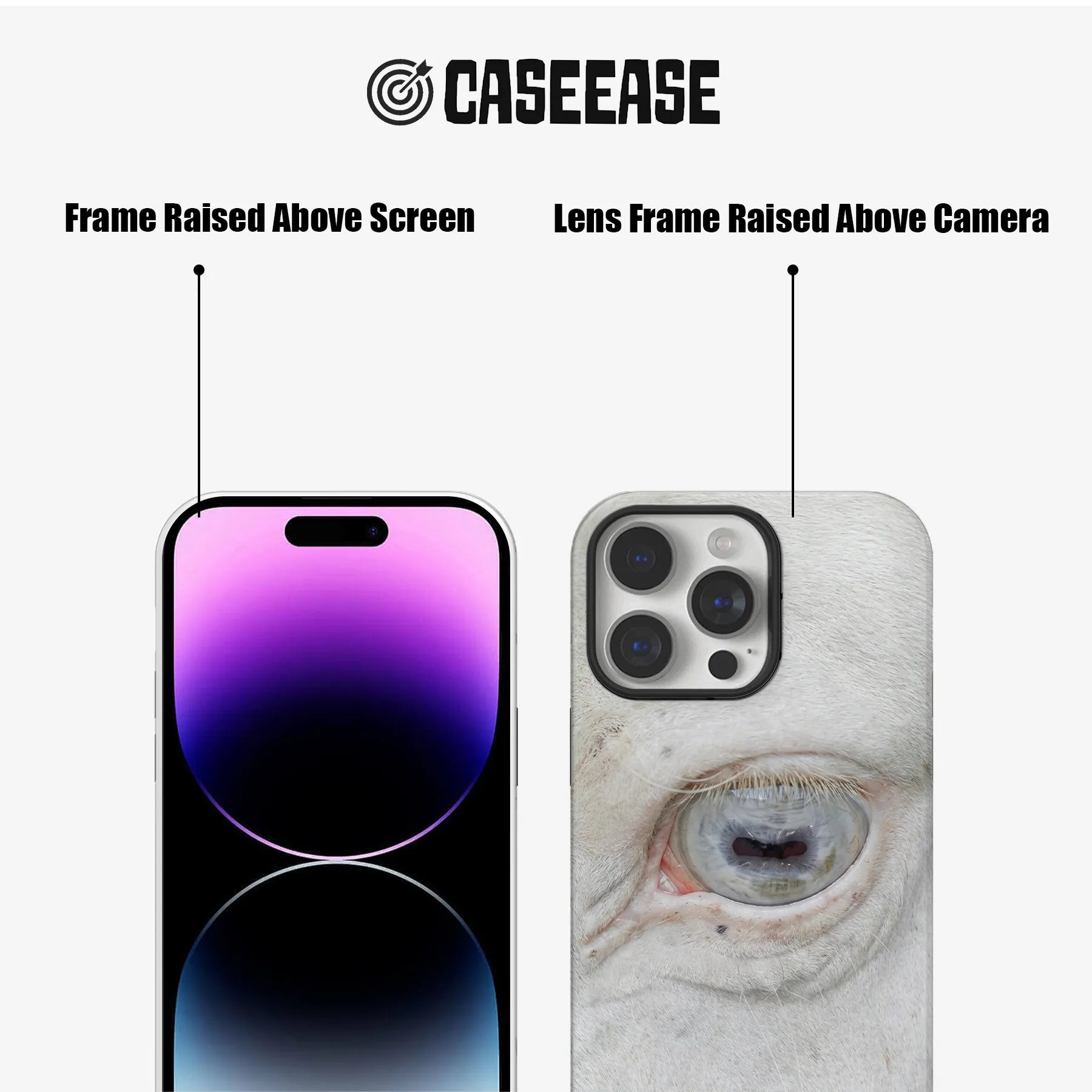 White cow eye print phone case, front and rear close-up with raised screen and camera frames