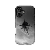 Black and gray shark print phone case, rear view with dual camera cutout