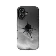 Black and gray shark print phone case, rear view with dual camera cutout