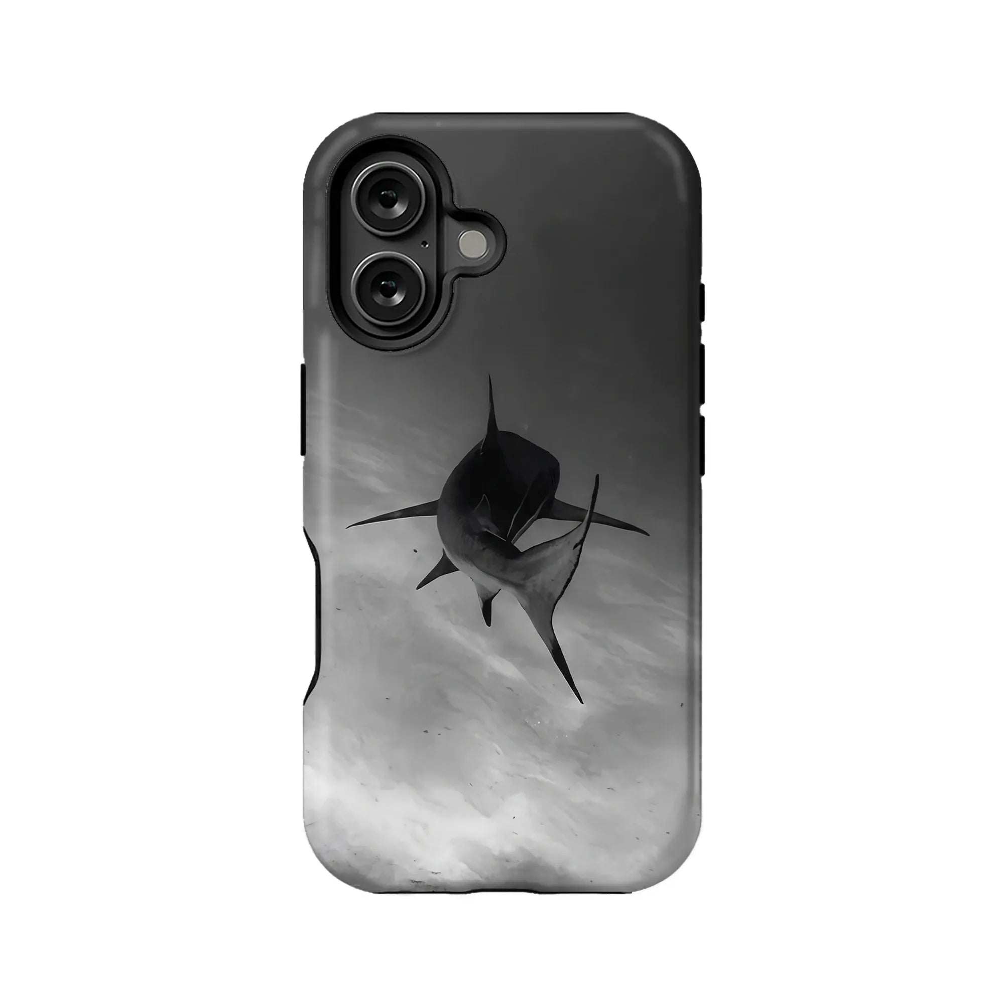 Black and gray shark print phone case, rear view with dual camera cutout
