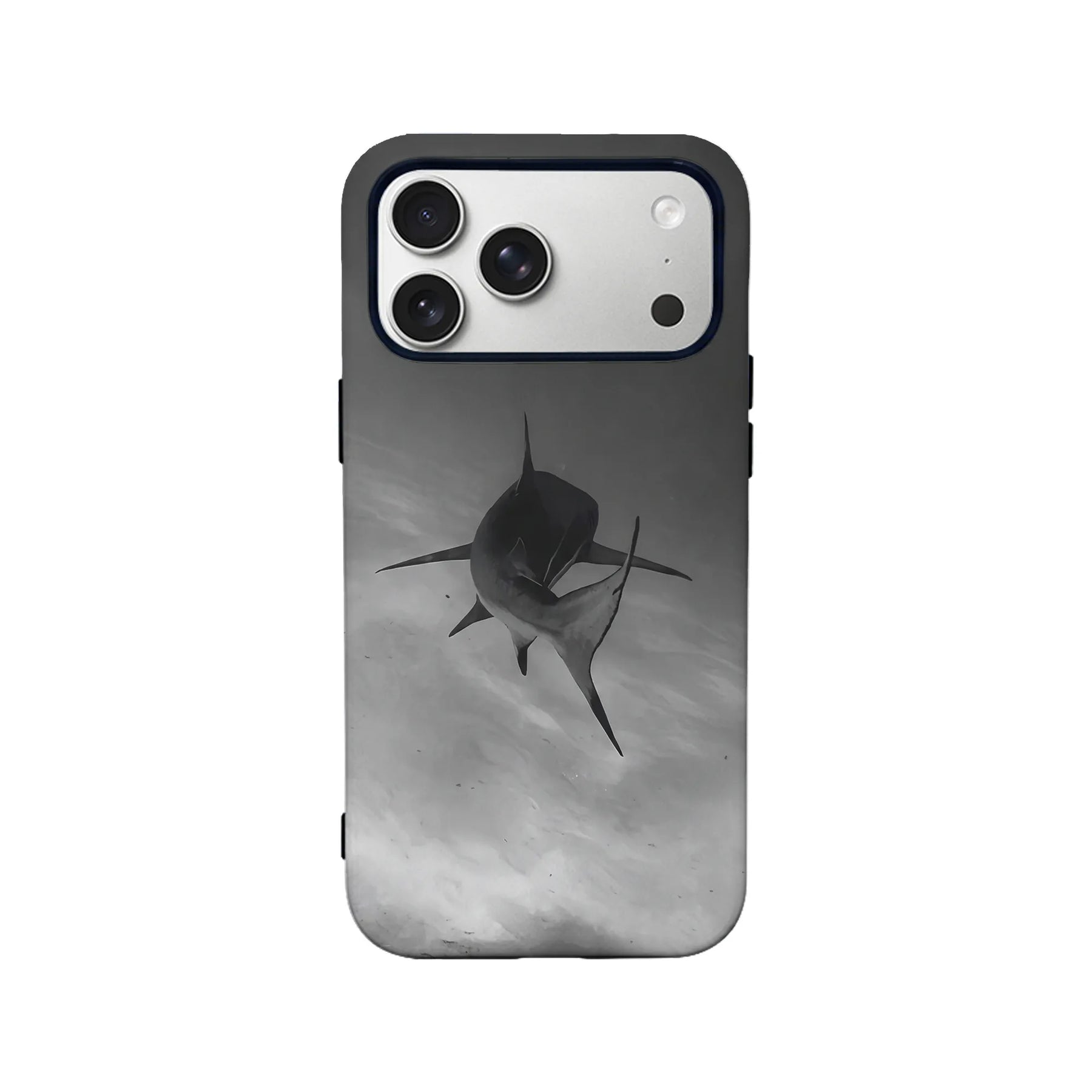 Black and gray shark print phone case, rear angle with camera cutout