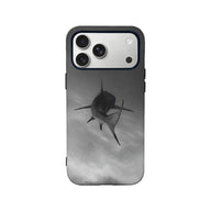 Black and gray shark print phone case, rear angle with camera cutout