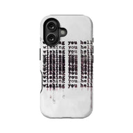 White phone case with black grunge text, rear view for dual camera smartphone