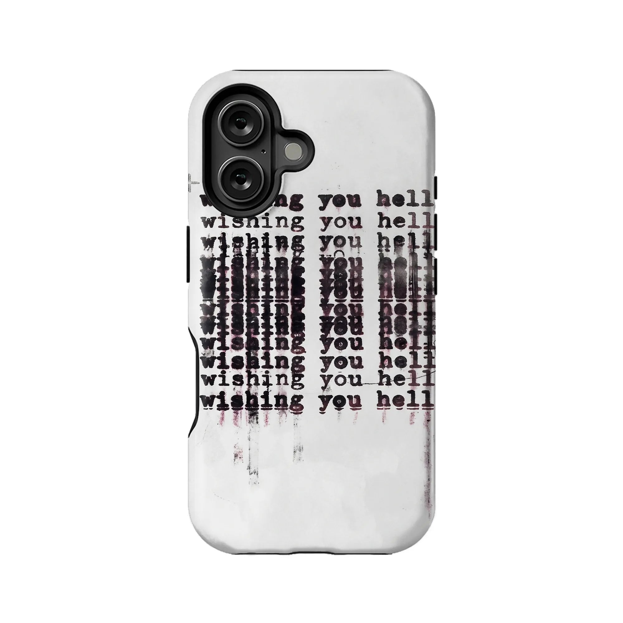 White phone case with black grunge text, rear view for dual camera smartphone