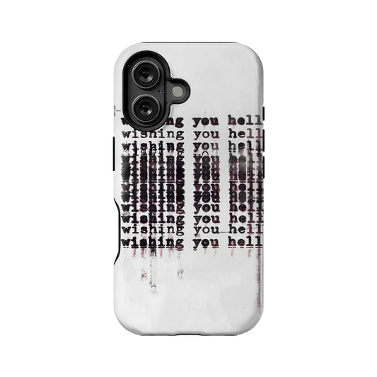 White phone case with black grunge text, rear view for dual camera smartphone