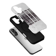 Angled silver phone with black case and translucent white printed text cover