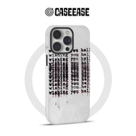 White CASEEASE phone case with distressed black text, rear angled product display