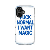 White phone case with blue spray-painted slogan, rear view for smartphone accessory