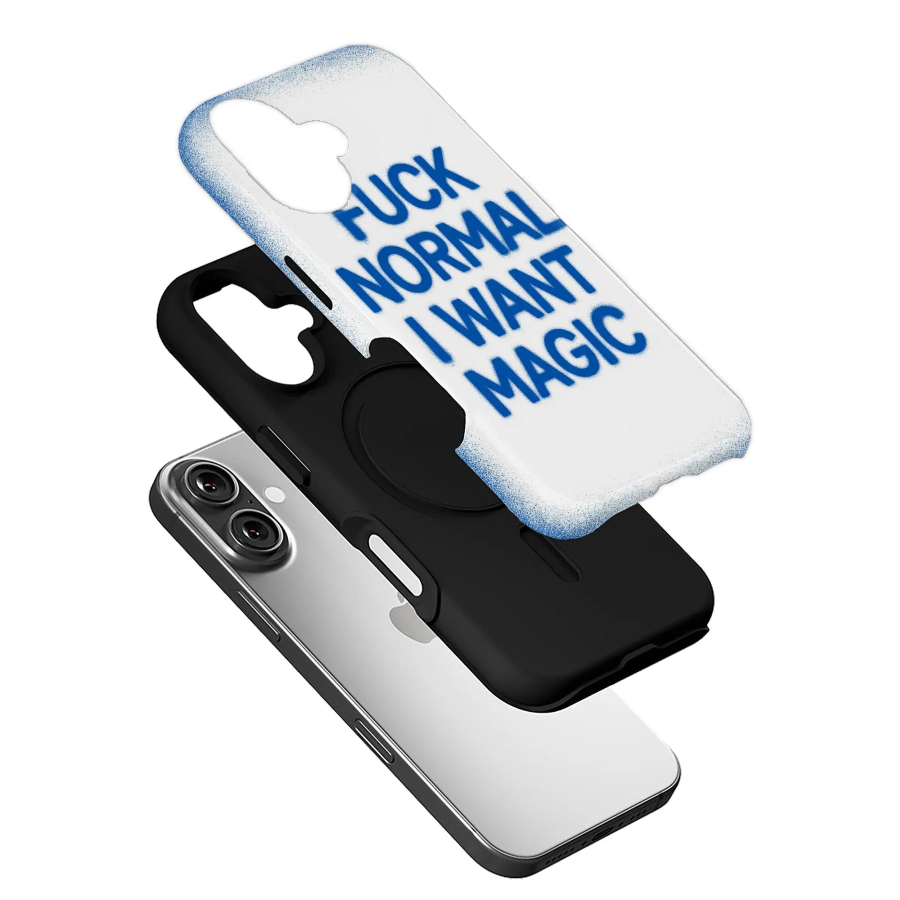 Angled exploded black smartphone case with white blue profanity slogan cover