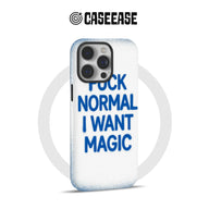 CASEEASE white phone case with blue graffiti slogan, shown from rear angle