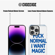 White plastic phone case with blue slogan, front and rear angles showing raised frames