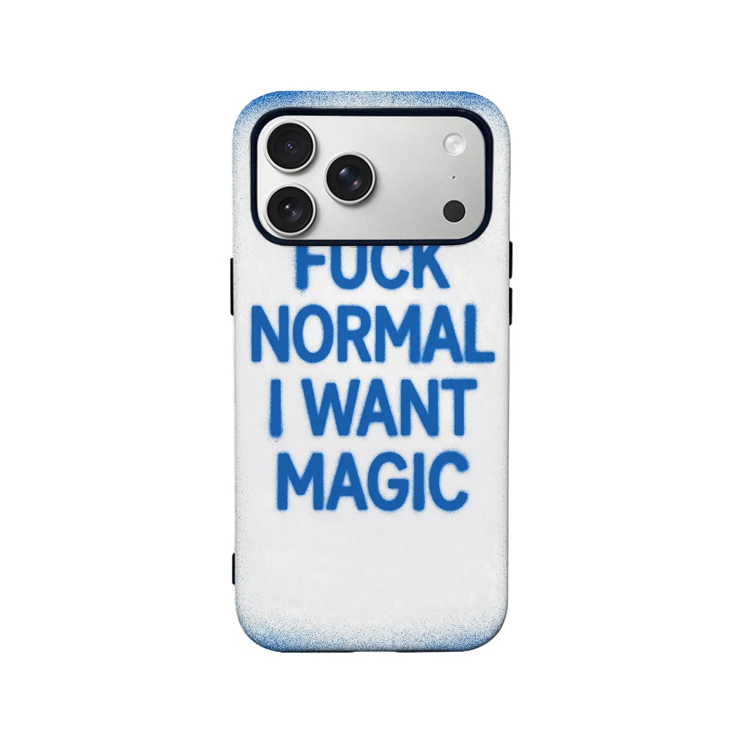 White phone case with blue spray-painted slogan, rear camera cutout, back product angle