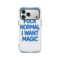 White phone case with blue spray-painted slogan, rear camera cutout, back product angle