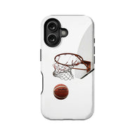Clear white phone case with basketball hoop and ball design, rear product angle