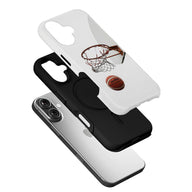 White and black basketball print phone cases shown exploded above smartphone