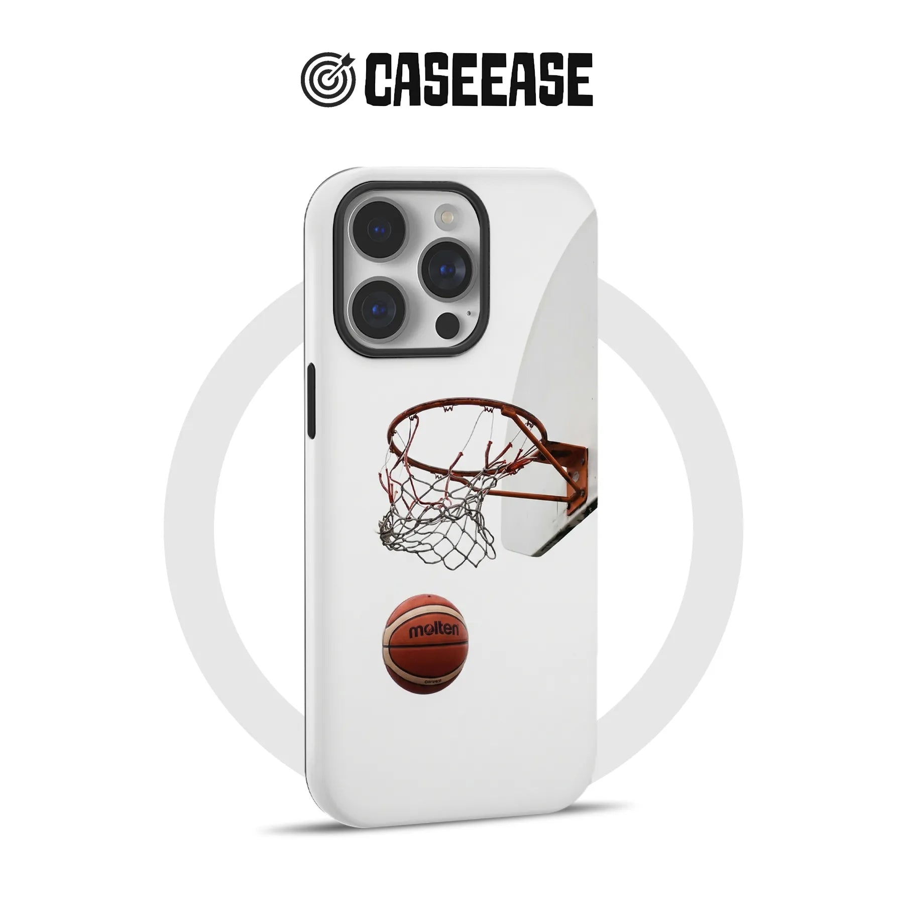 White CASEEASE phone case with basketball hoop design, rear angled product display