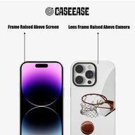 Clear CASEEASE phone case with basketball hoop print, front and rear angle showing raised frames
