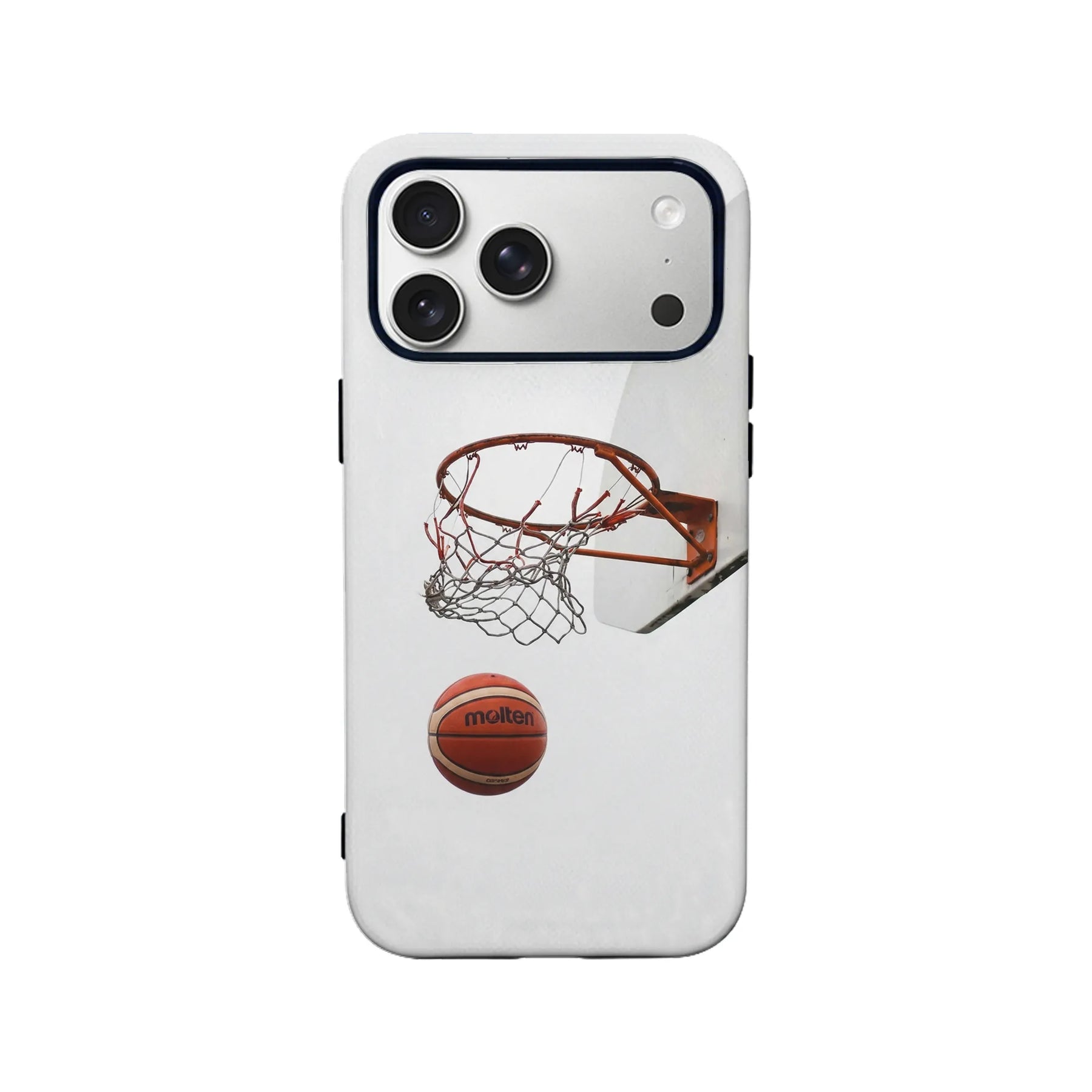 White sporty basketball hoop phone case, back angle with black camera cutout