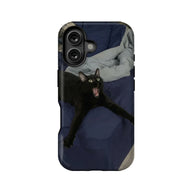 Back view of blue phone case with black cat print and dual camera cutout