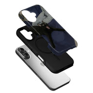 Black smartphone case with playful black cat print shown in angled layered product view