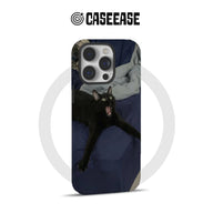 Black cat print phone case with navy bedding design, rear angled product display
