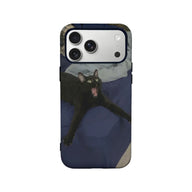 Dark blue phone case with black cat print, rear view and camera cutout