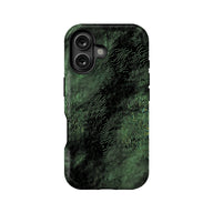 Black phone case with green contour line pattern, rear angle with dual camera cutout