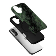 Black phone case with green topographic pattern shown angled above silver smartphone