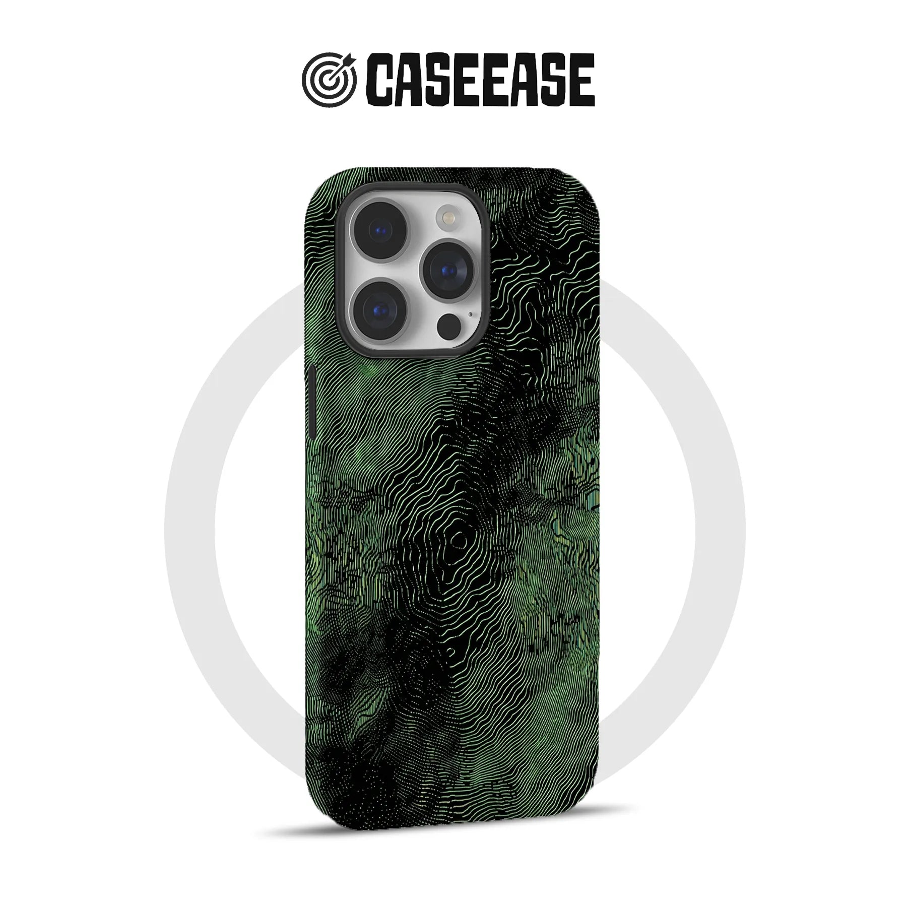 Black and green contour pattern iPhone case, rear view with triple camera cutout
