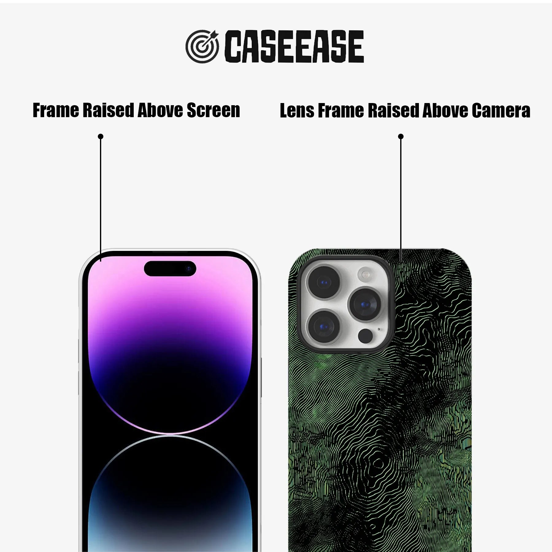 Black and green topographic phone case front and rear views with raised frames