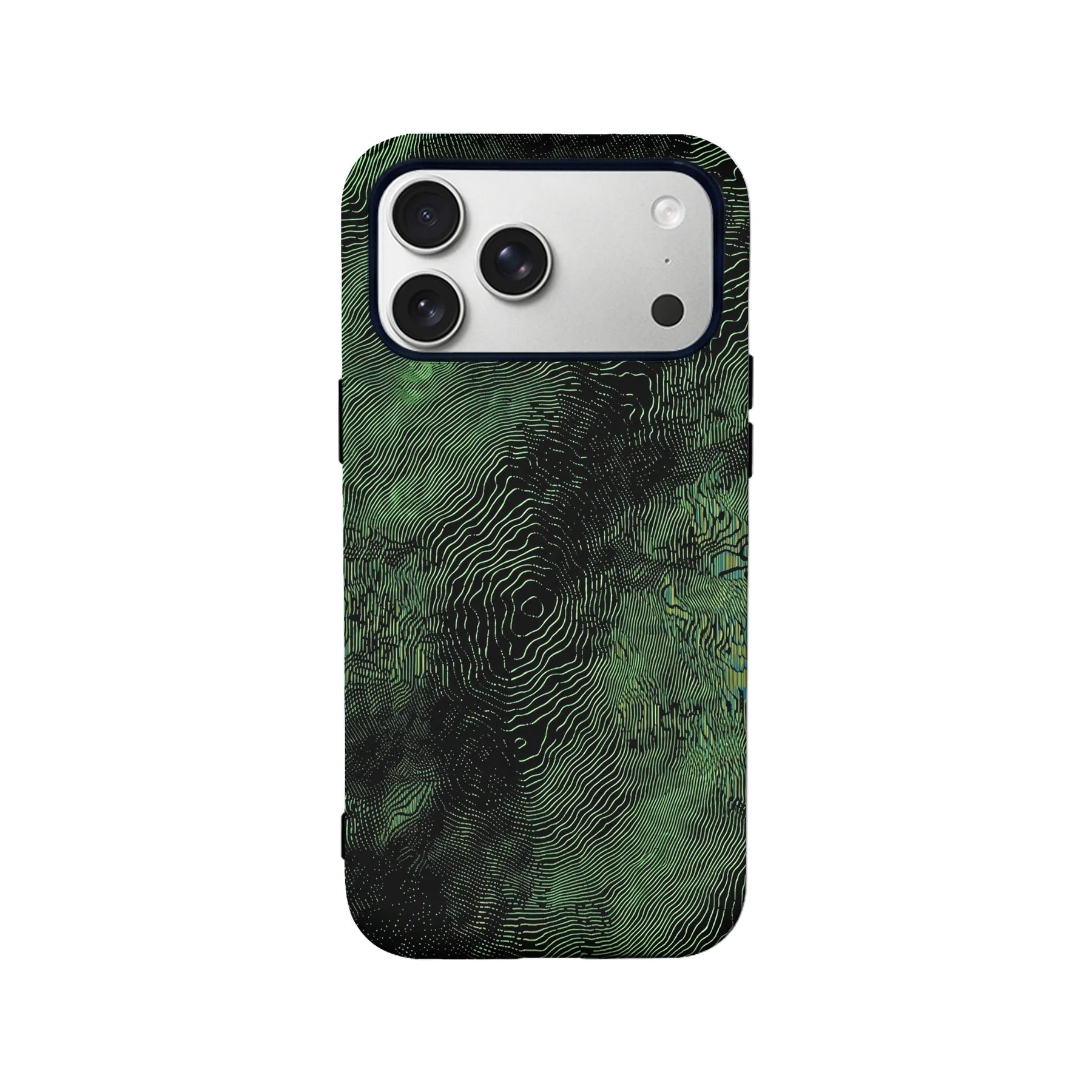 Black and green topographic pattern phone case shown from rear on triple-camera smartphone