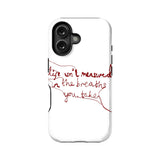 White smartphone case with red handwritten design, rear view showing black camera cutout