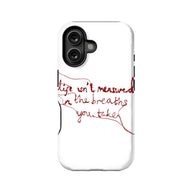 White smartphone case with red handwritten design, rear view showing black camera cutout