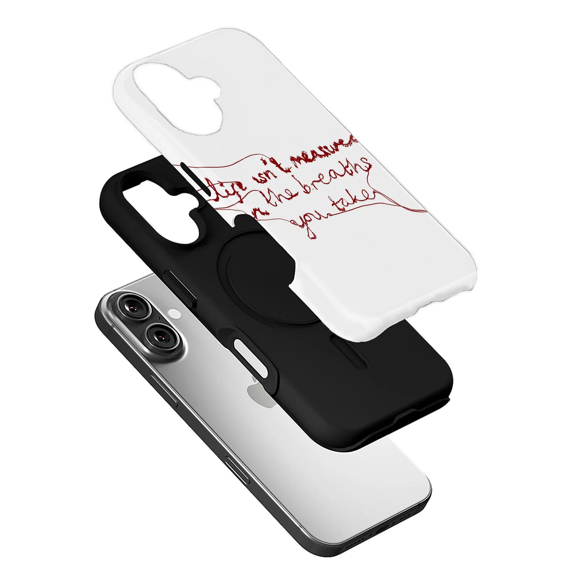White and black plastic phone cases with red script, angled above silver smartphone
