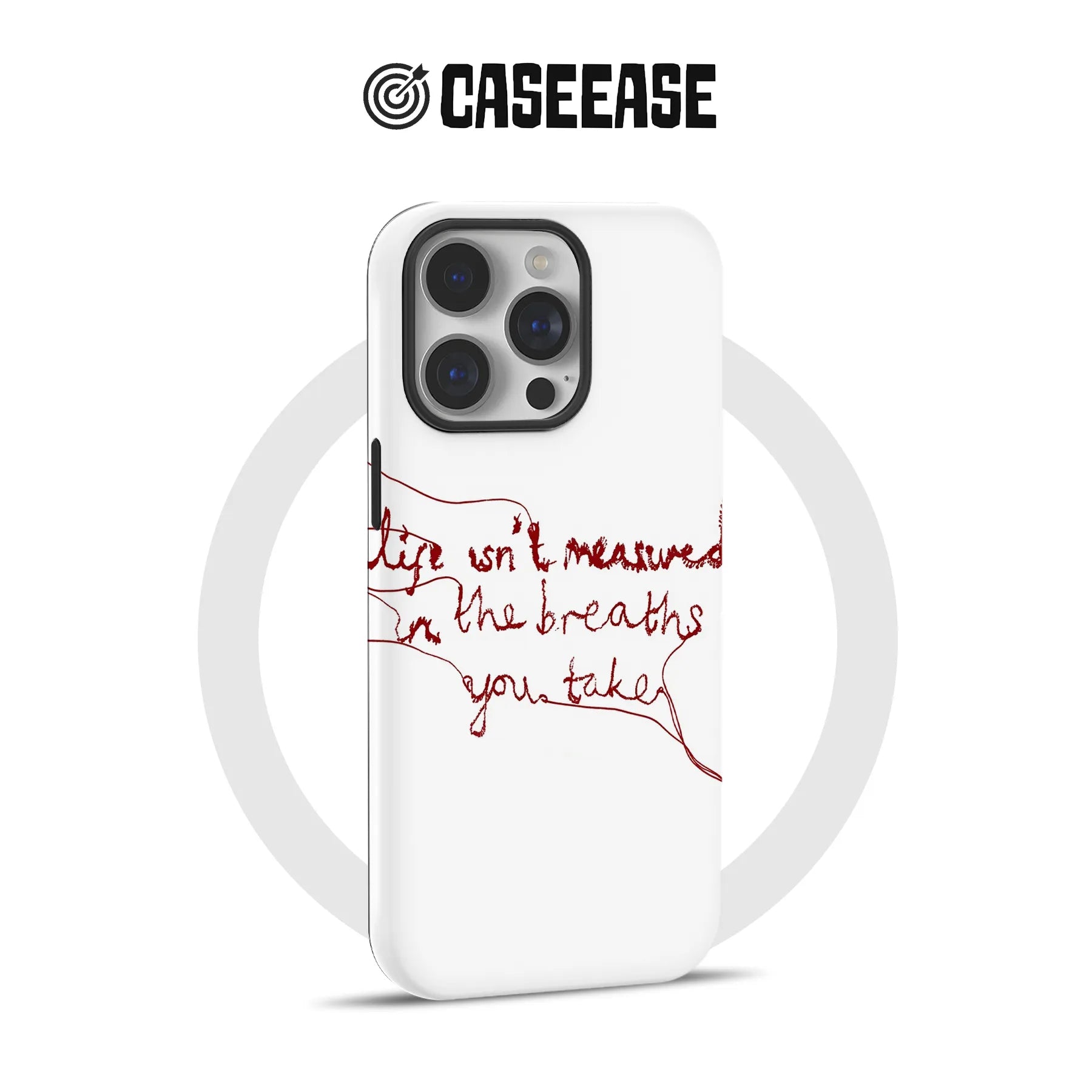 White plastic iPhone case with red handwritten script, rear angled product display