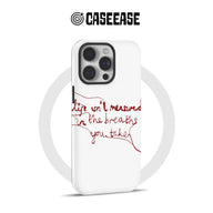 White plastic iPhone case with red handwritten script, rear angled product display