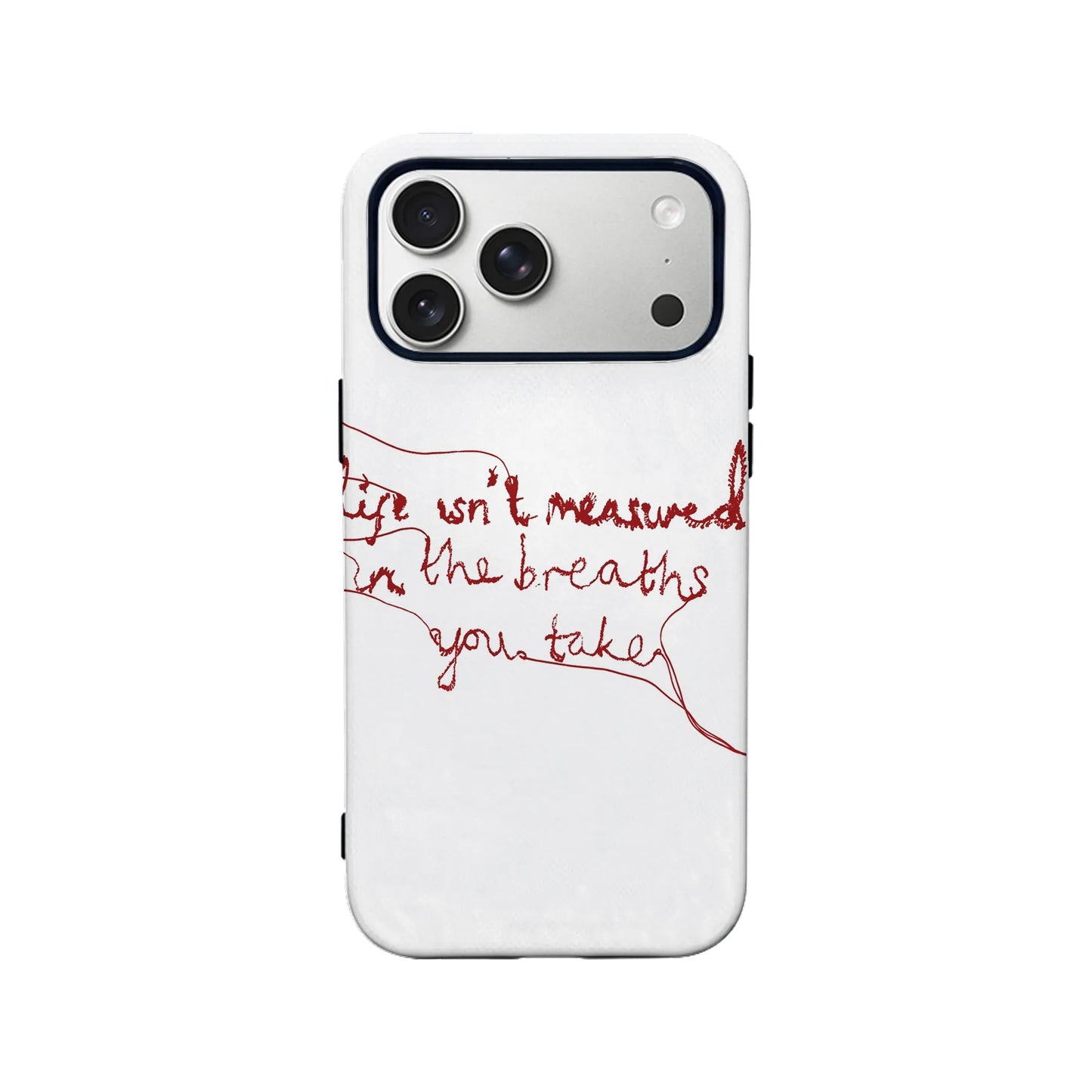 White phone case with red handwritten script design, rear view with camera cutout