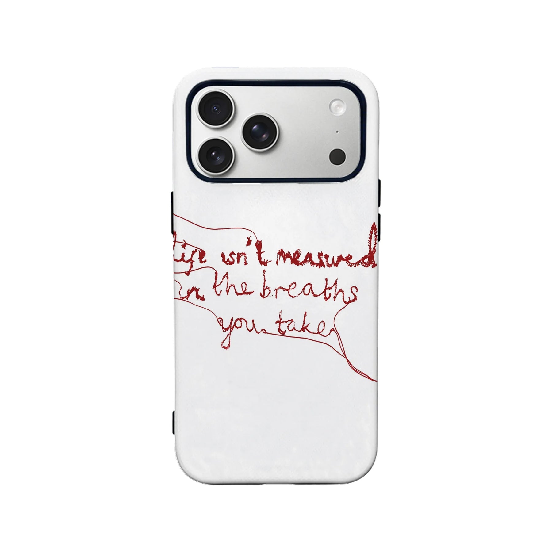 White phone case with red handwritten script design, rear view with camera cutout