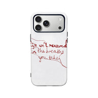 White phone case with red handwritten script design, rear view with camera cutout